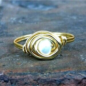 Dainty Pearl Beaded Ring, Wire Wrapped, Gold, Size 10, Minimalist